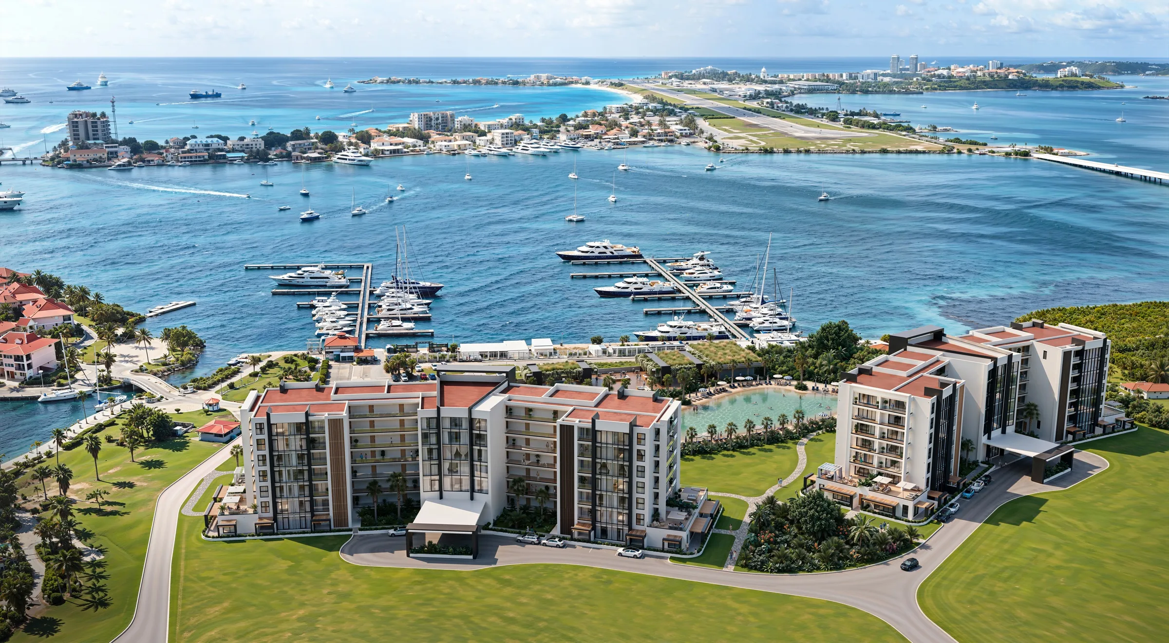 Aerial view of Port de Plaisance residences, marina and lagoon, Sint Maarten — 4U Real Estate
